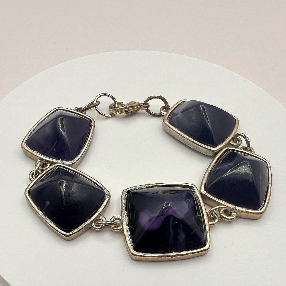 Vintage 90s Purple Glass Pyramid‎ Bracelet Gold Tone Chunky Statement Fashion